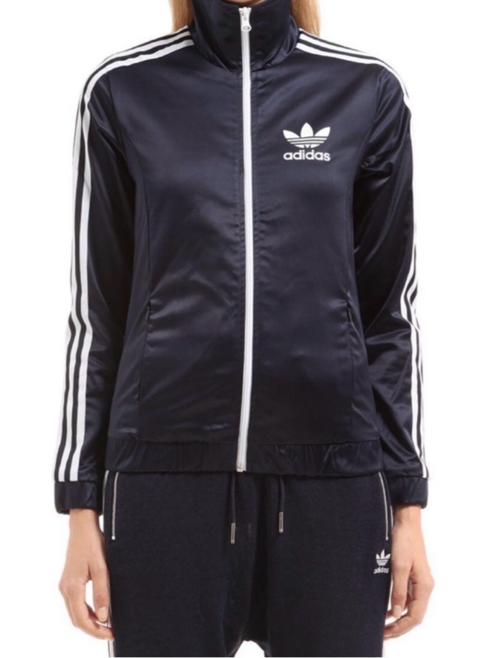 adidas Navy Track Bomber Jacket with White Stripes